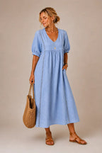 Vestido longo com renda e mangas bufantes — Bene Donna — imagem 04