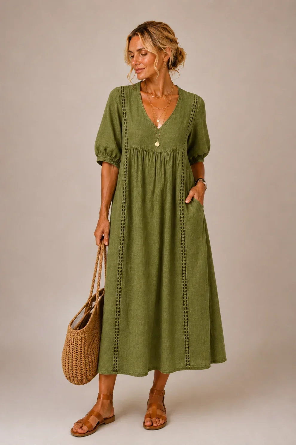 Vestido longo com renda e mangas bufantes — Bene Donna — imagem 05