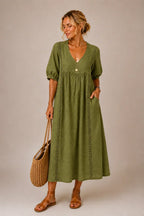 Vestido longo com renda e mangas bufantes — Bene Donna — imagem 05