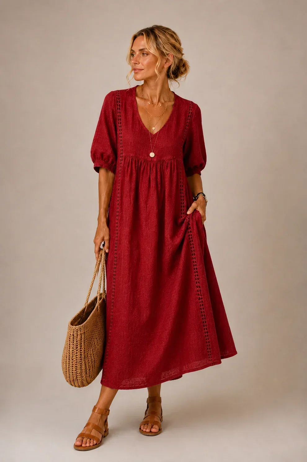 Vestido longo com renda e mangas bufantes — Bene Donna — imagem 07