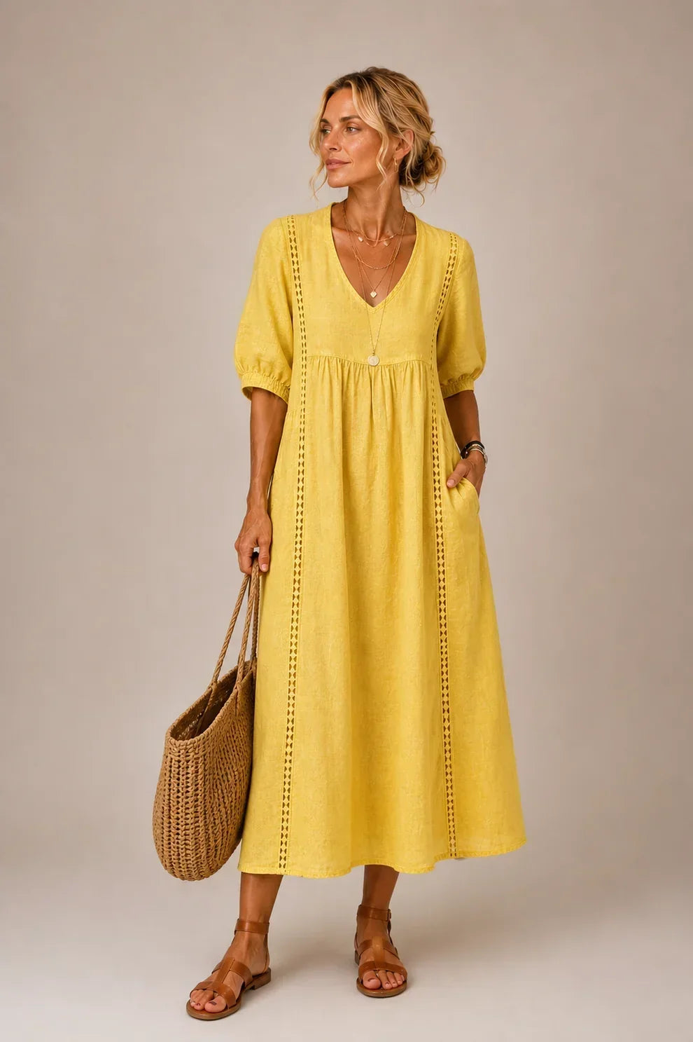 Vestido longo com renda e mangas bufantes — Bene Donna — imagem 08