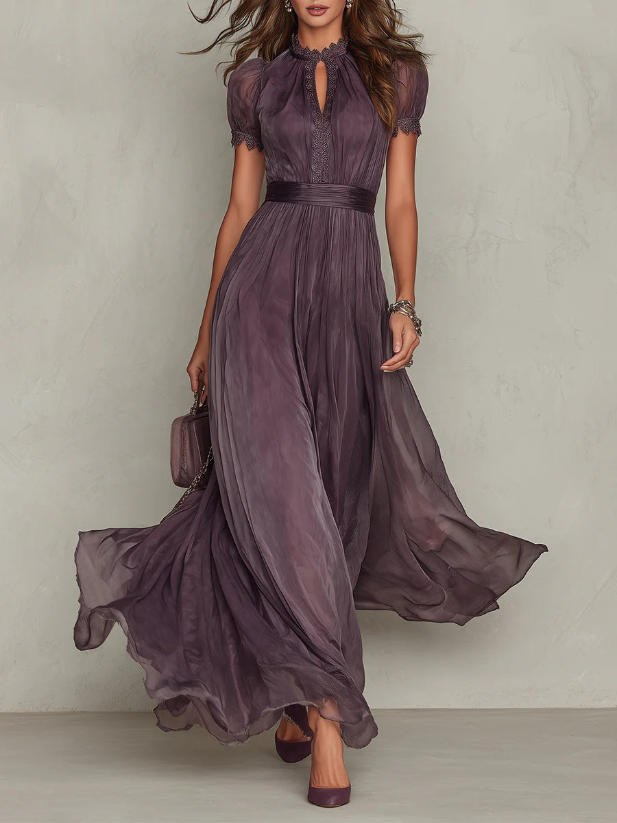 Vestido longo de chiffon com renda e decote vazado — Bene Donna — imagem 01