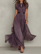 Vestido longo de chiffon com renda e decote vazado — Bene Donna — imagem 01