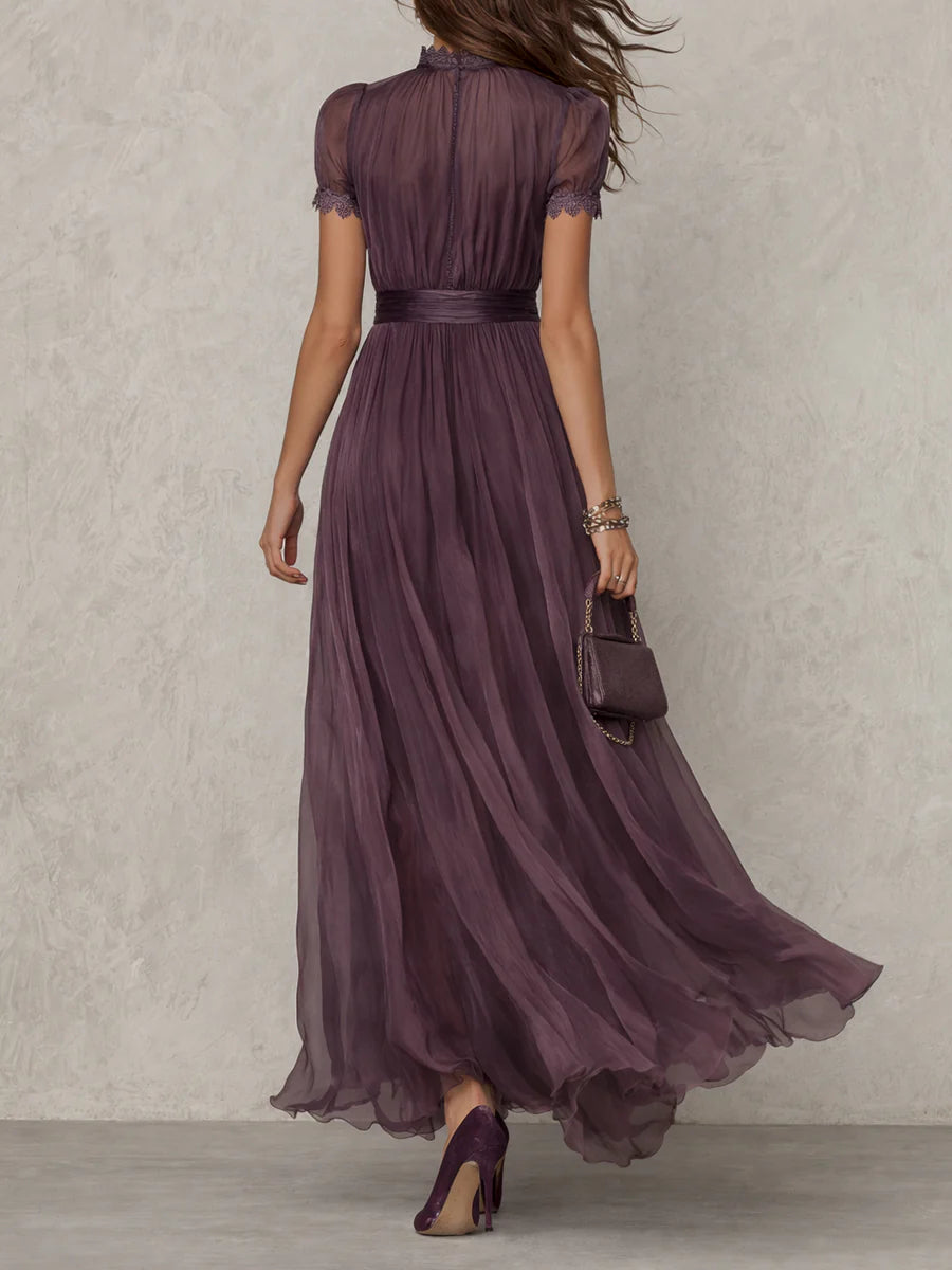 Vestido longo de chiffon com renda e decote vazado — Bene Donna — imagem 03