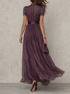 Vestido longo de chiffon com renda e decote vazado — Bene Donna — imagem 03