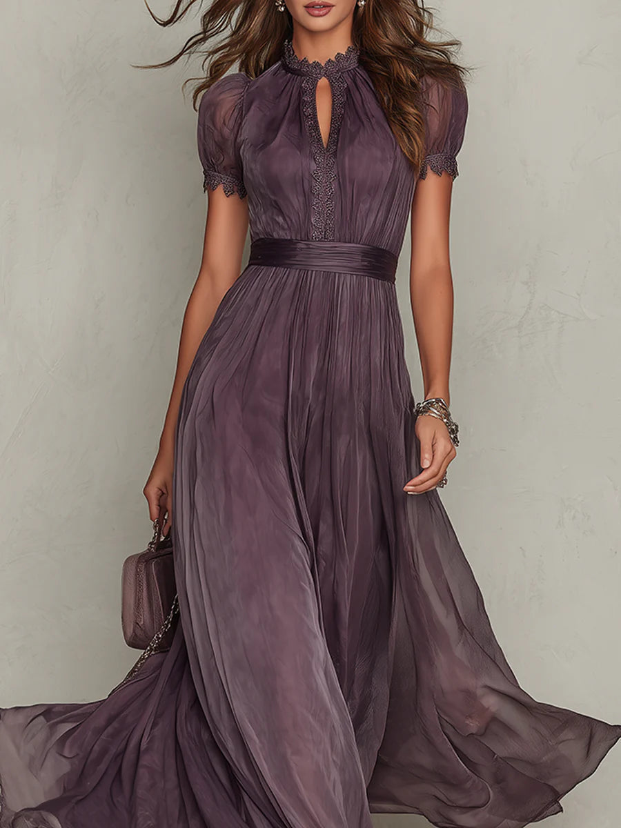 Vestido longo de chiffon com renda e decote vazado — Bene Donna — imagem 04