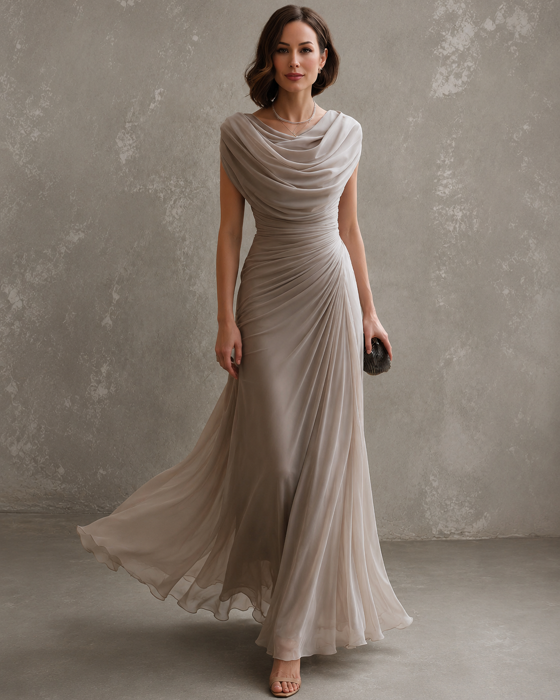 Vestido longo de festa com decote drapeado e cintura franzida — Bene Donna — imagem 01