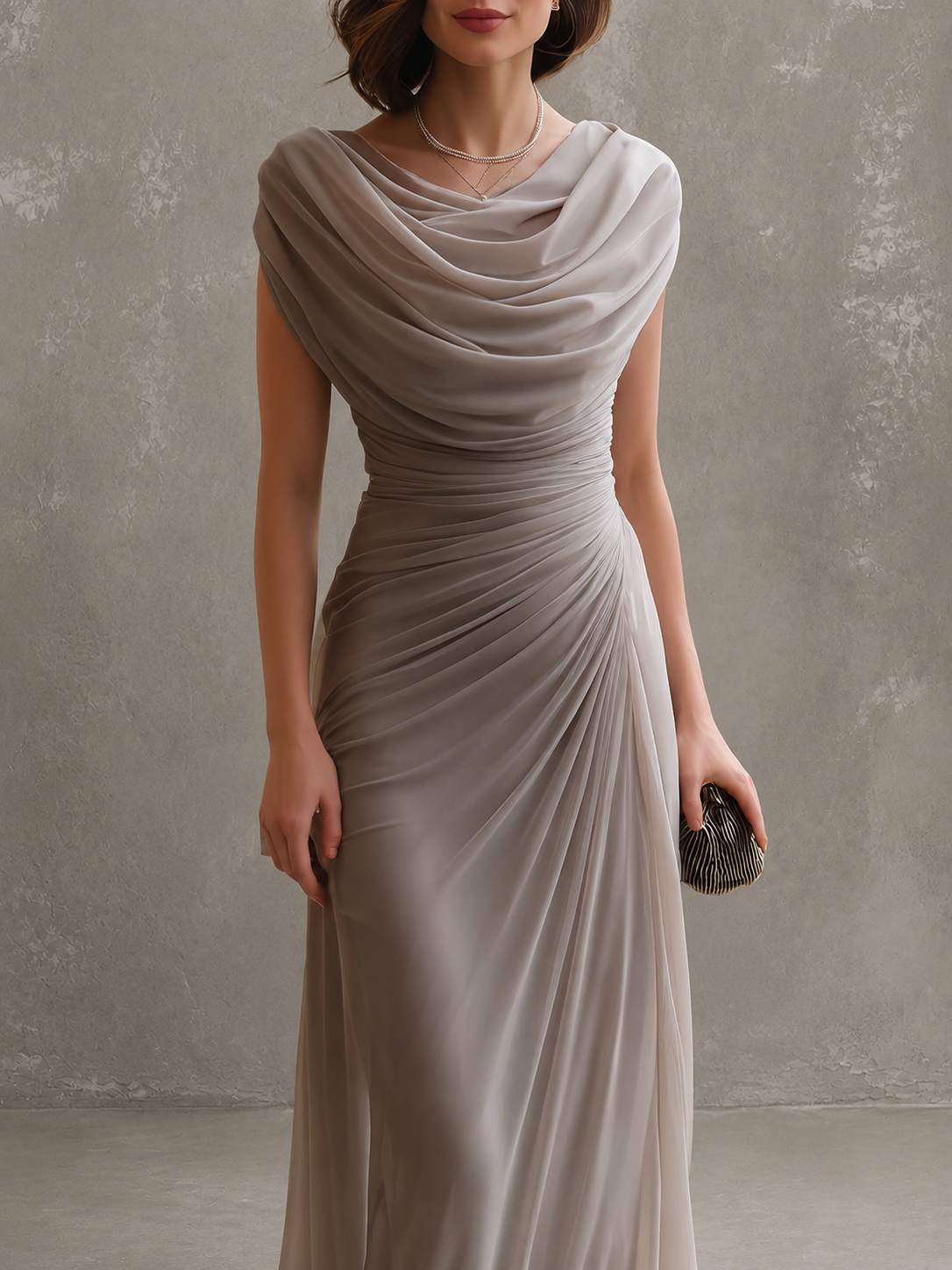 Vestido longo de festa com decote drapeado e cintura franzida — Bene Donna — imagem 02