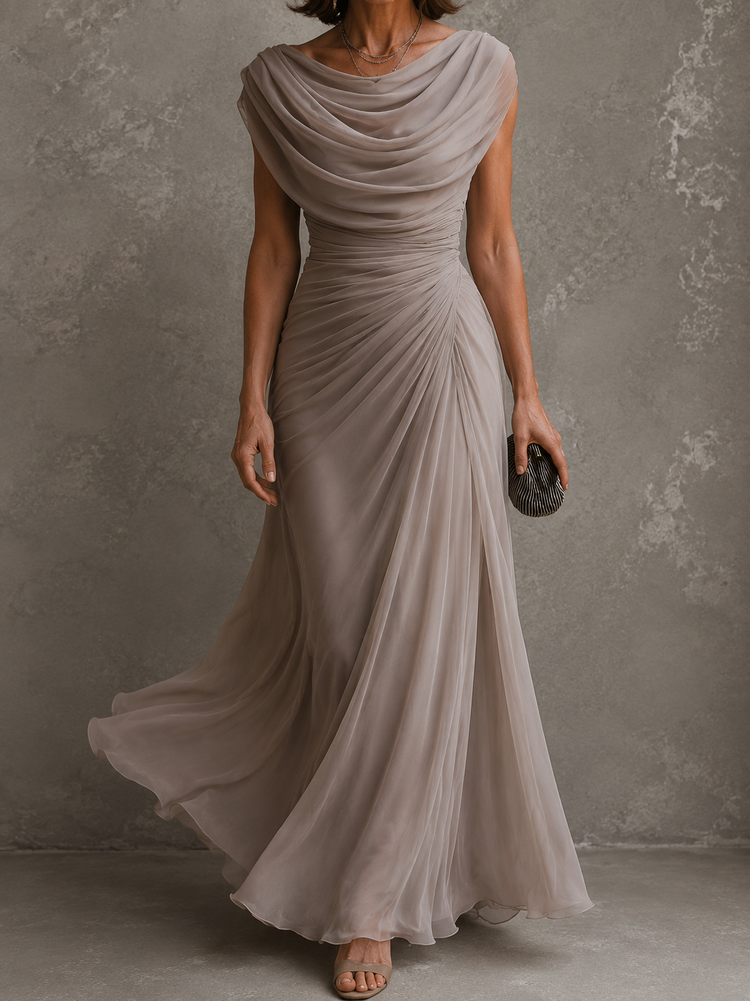 Vestido longo de festa com decote drapeado e cintura franzida — Bene Donna — imagem 03