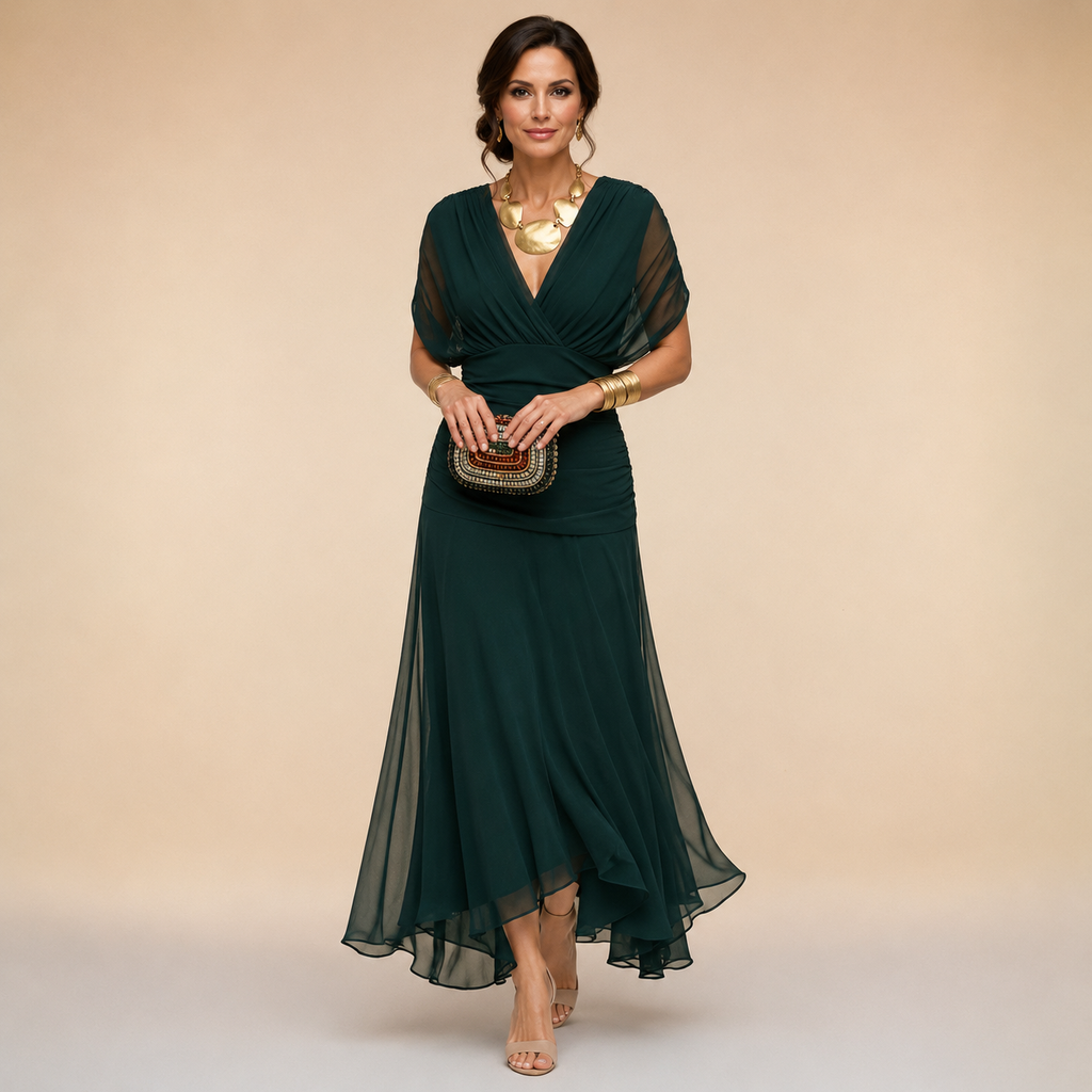 Vestido longo de festa com decote V transpassado — Bene Donna — imagem 01