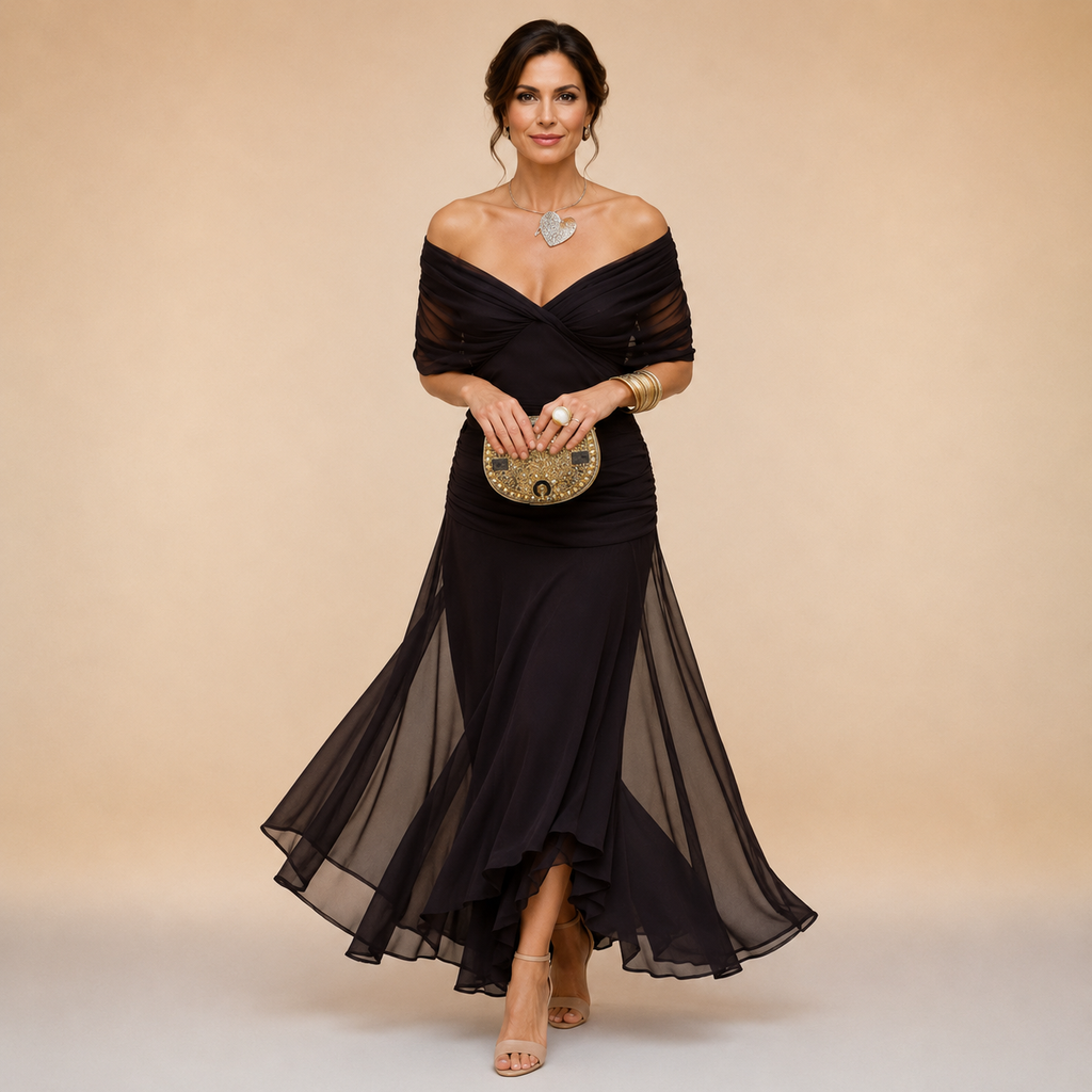Vestido longo de festa com decote V transpassado — Bene Donna — imagem 03