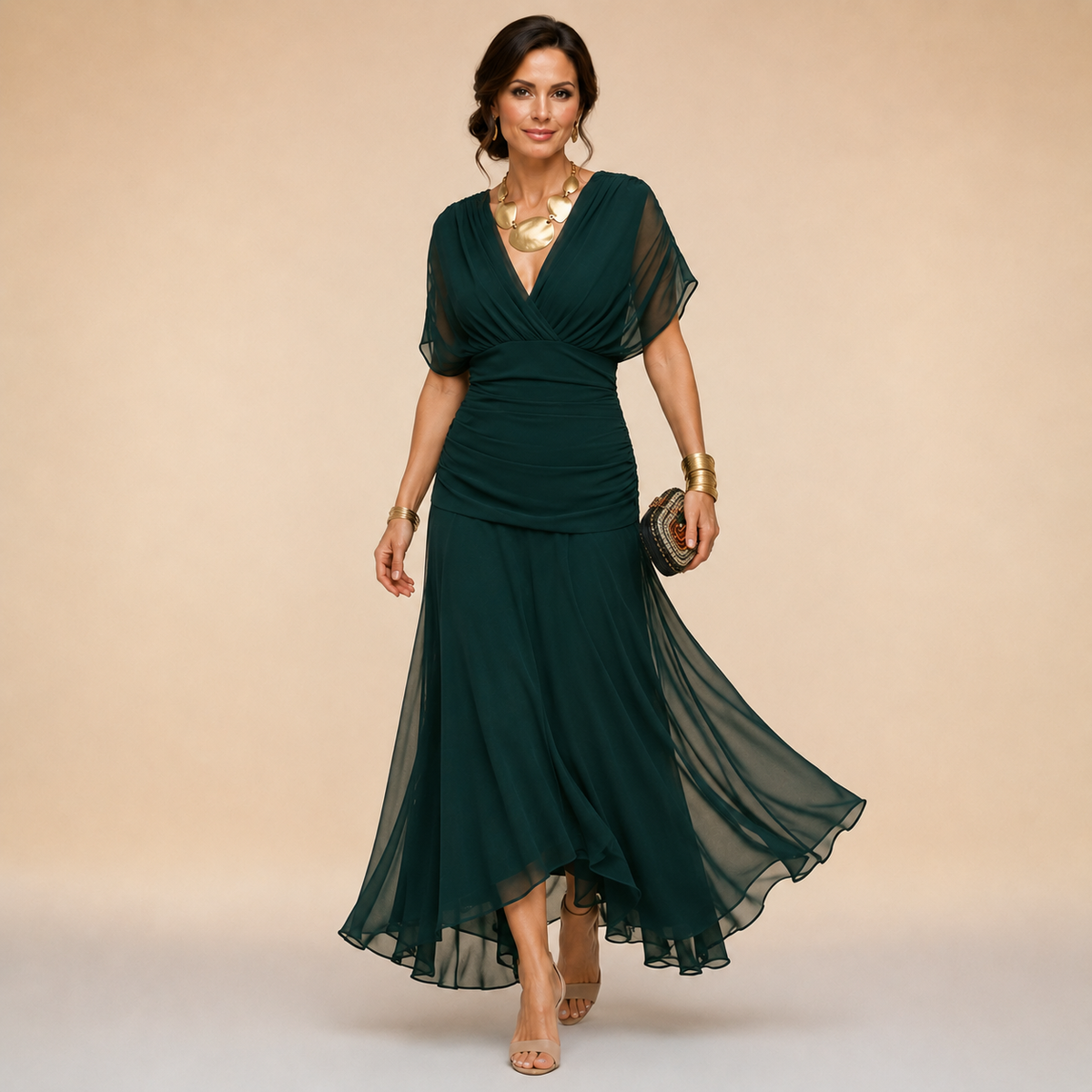 Vestido longo de festa com decote V transpassado — Bene Donna — imagem 05