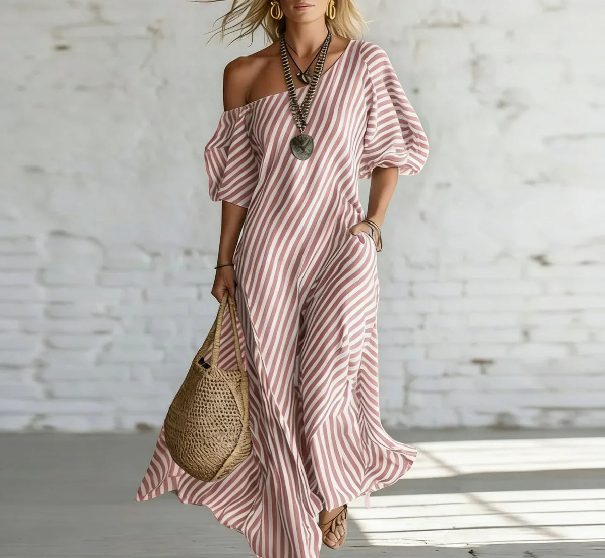 Vestido longo de listras verticais com caimento fluido — Bene Donna — imagem 01