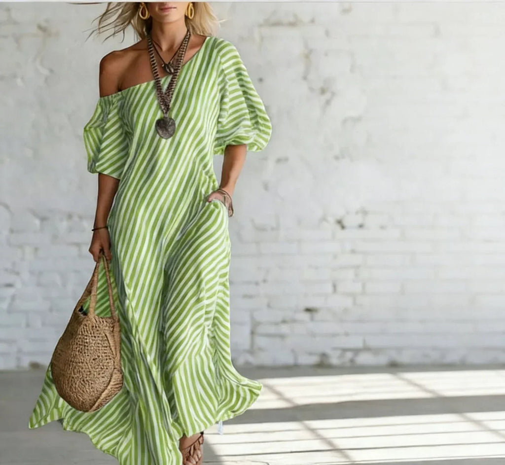 Vestido longo de listras verticais com caimento fluido — Bene Donna — imagem 02
