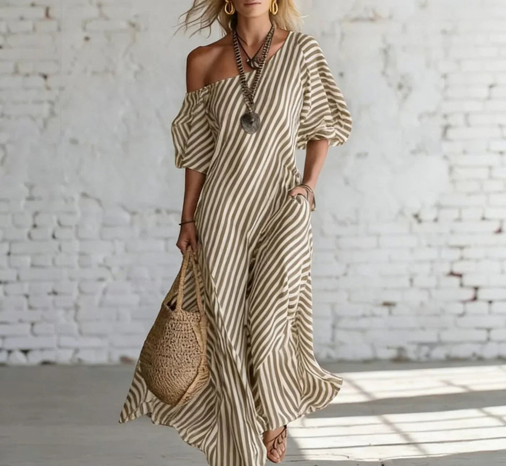 Vestido longo de listras verticais com caimento fluido — Bene Donna — imagem 03