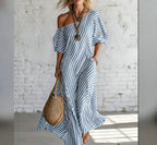 Vestido longo de listras verticais com caimento fluido — Bene Donna — imagem 04