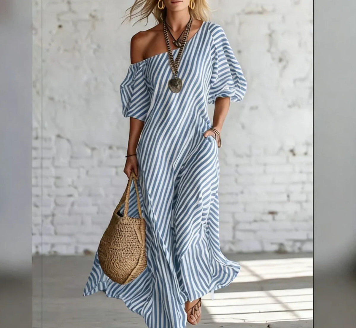 Vestido longo de listras verticais com caimento fluido — Bene Donna — imagem 04