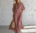 Vestido longo de listras verticais com caimento fluido — Bene Donna — imagem 05