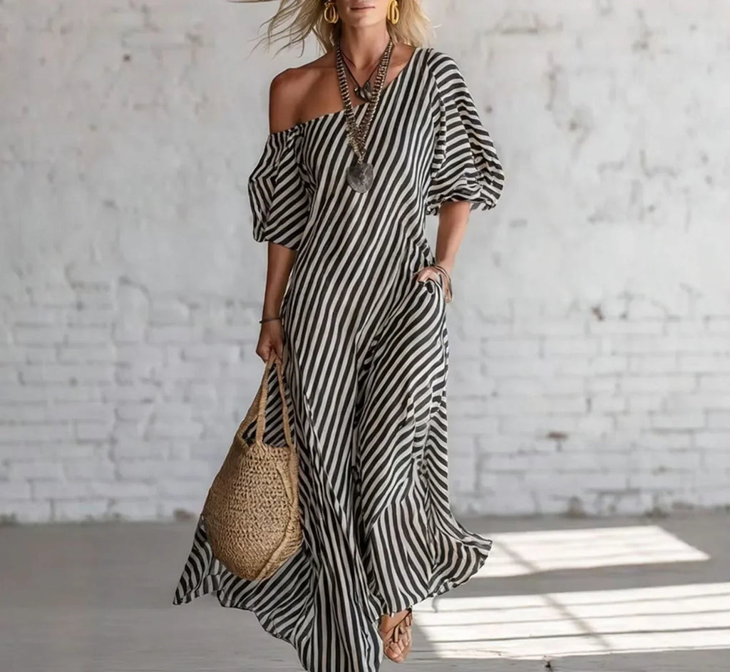 Vestido longo de listras verticais com caimento fluido — Bene Donna — imagem 06
