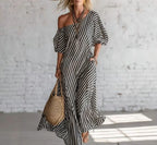 Vestido longo de listras verticais com caimento fluido — Bene Donna — imagem 06