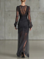 Vestido longo de renda floral com franzidos e mangas transparentes — Bene Donna — imagem 03