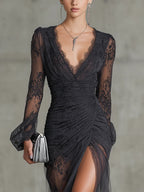 Vestido longo de renda floral com franzidos e mangas transparentes — Bene Donna — imagem 04