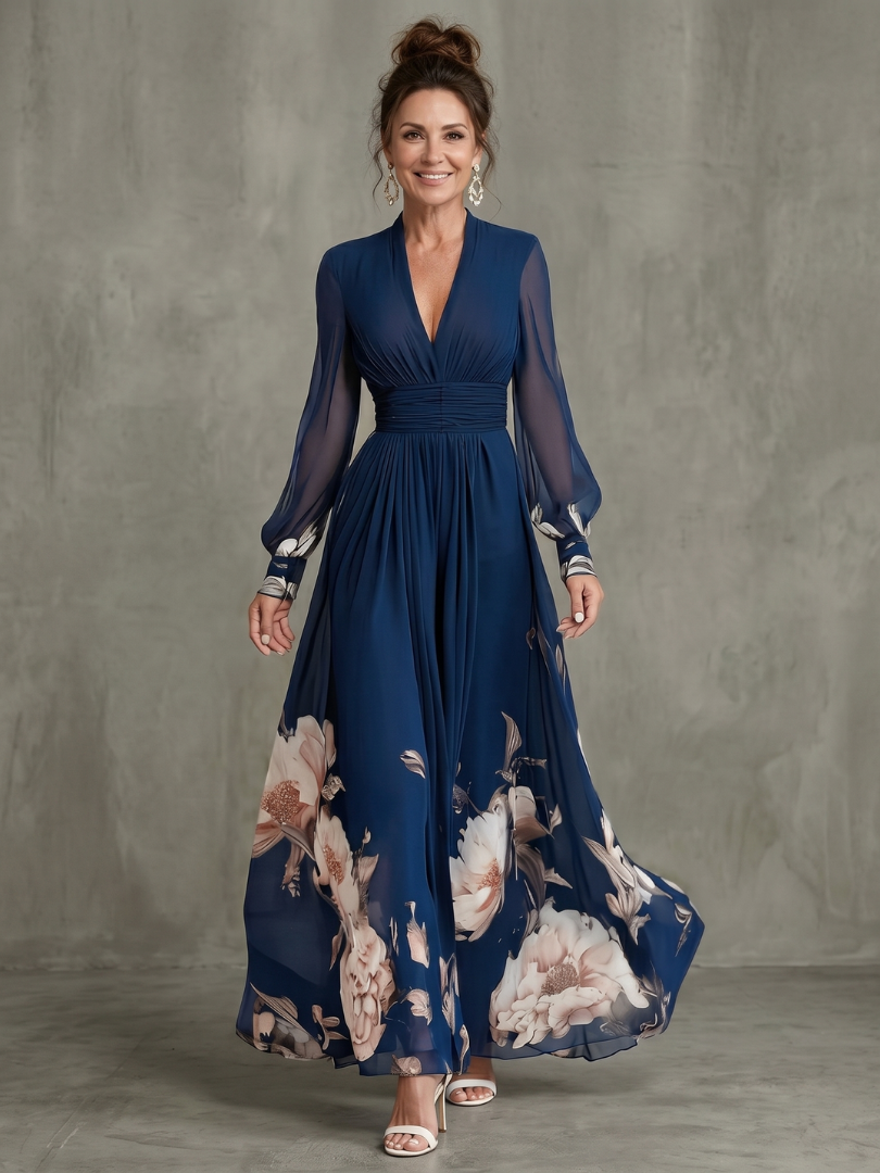 Vestido longo de saia plissada com mangas transparentes — Bene Donna — imagem 01