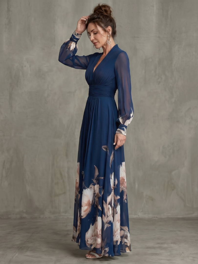 Vestido longo de saia plissada com mangas transparentes — Bene Donna — imagem 02