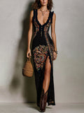 Vestido longo estampado com alças de babados e fenda — Bene Donna — imagem 01