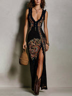 Vestido longo estampado com alças de babados e fenda — Bene Donna — imagem 01