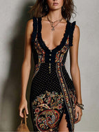 Vestido longo estampado com alças de babados e fenda — Bene Donna — imagem 02