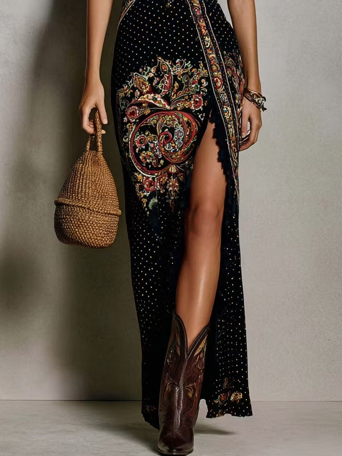 Vestido longo estampado com alças de babados e fenda — Bene Donna — imagem 03