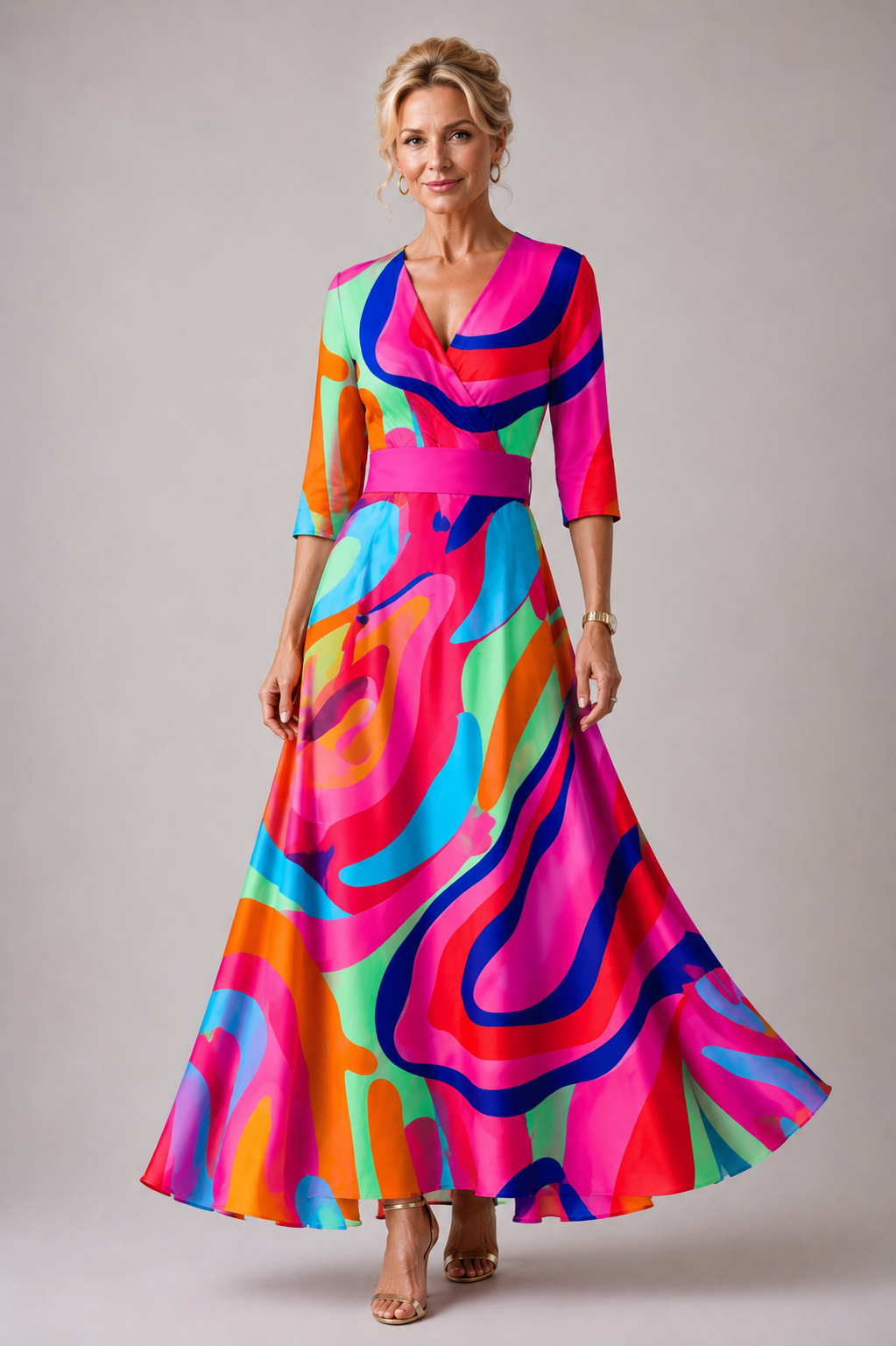 Vestido longo estampado com decote V e mangas três quartos — Bene Donna — imagem 01