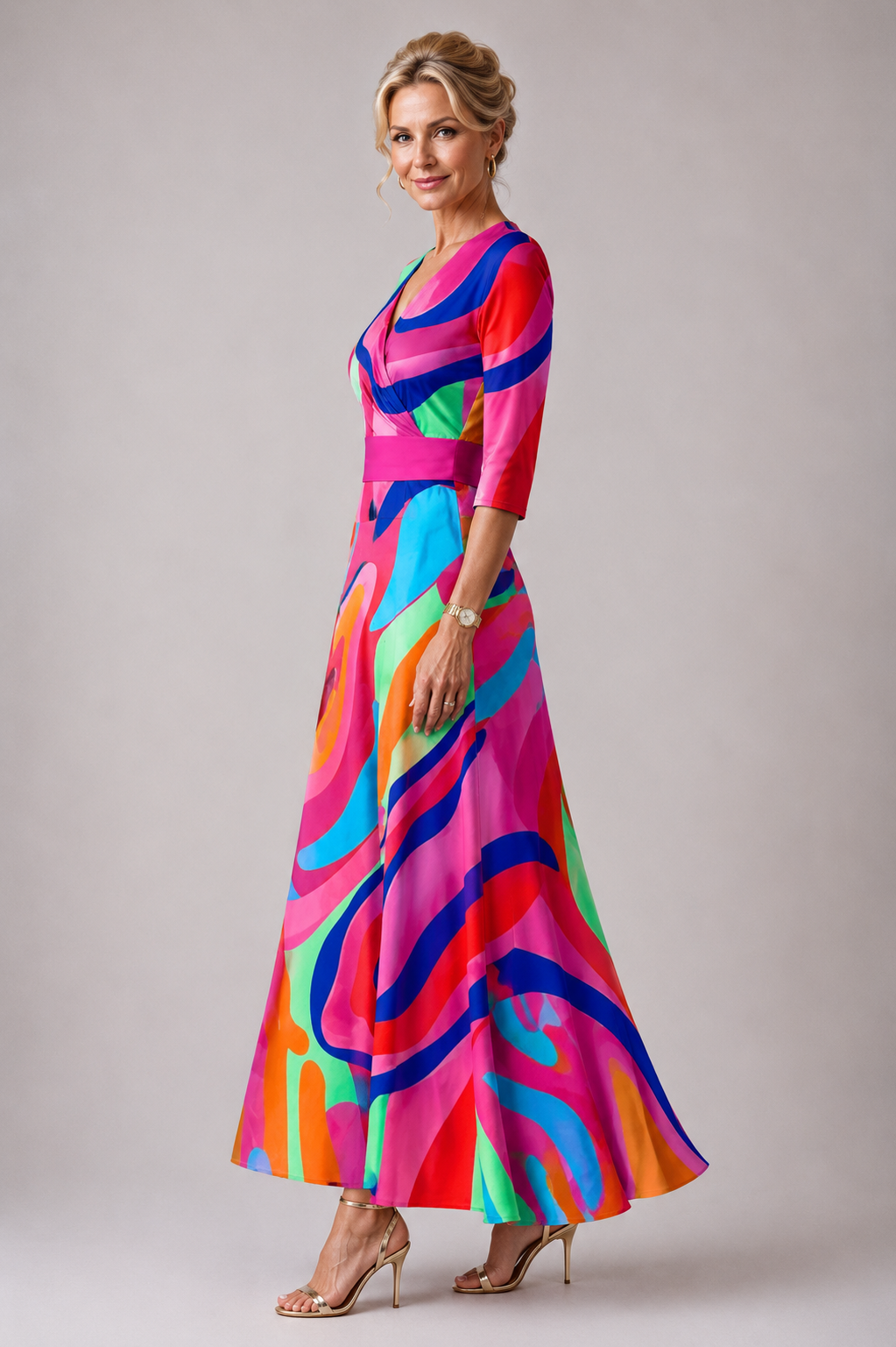 Vestido longo estampado com decote V e mangas três quartos — Bene Donna — imagem 02