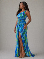Vestido longo estampado drapeado com decote assimétrico e fenda — Bene Donna — imagem 02