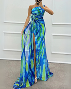 Vestido longo estampado drapeado com decote assimétrico e fenda — Bene Donna — imagem 04