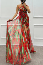 Vestido longo estampado drapeado com decote assimétrico e fenda — Bene Donna — imagem 10