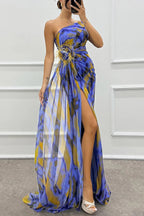 Vestido longo estampado drapeado com decote assimétrico e fenda — Bene Donna — imagem 14