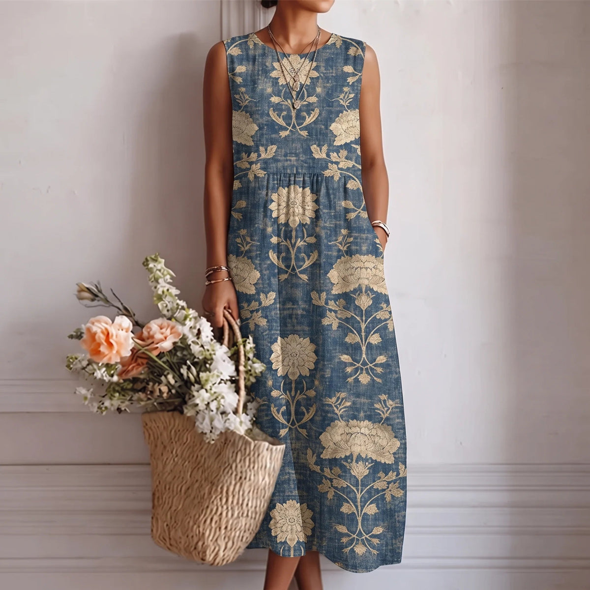 Vestido longo estampado sem mangas com bolsos laterais — Bene Donna — imagem 02