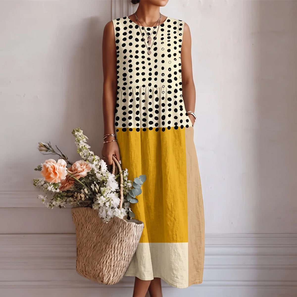 Vestido longo estampado sem mangas com bolsos laterais — Bene Donna — imagem 05