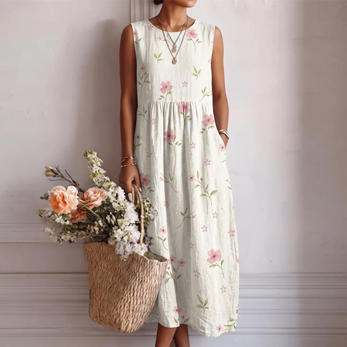 Vestido longo estampado sem mangas com bolsos laterais — Bene Donna — imagem 07