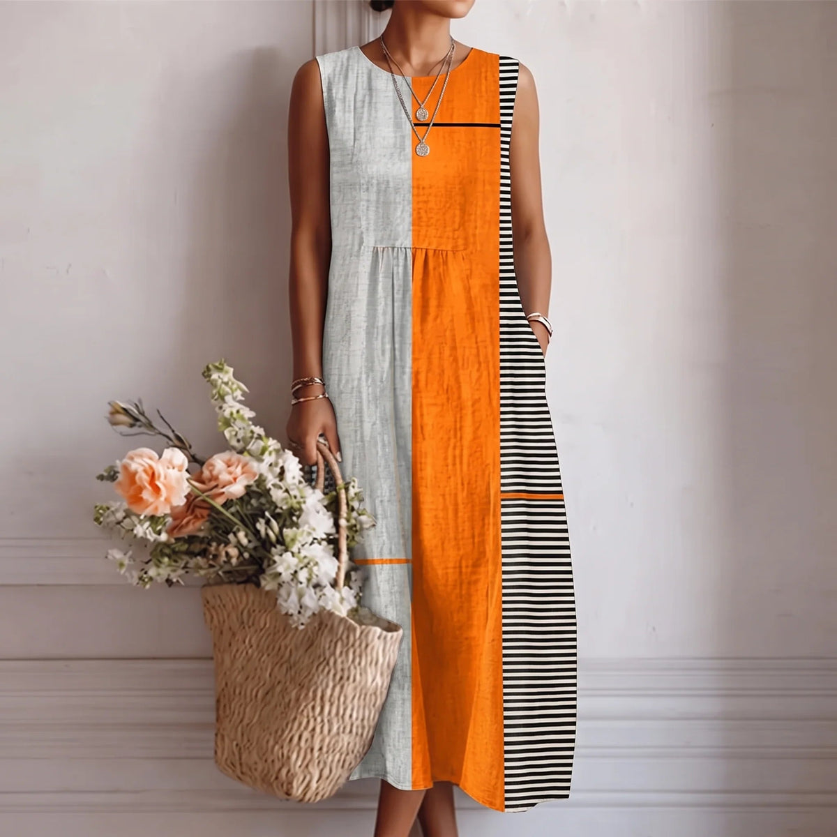 Vestido longo estampado sem mangas com bolsos laterais — Bene Donna — imagem 08