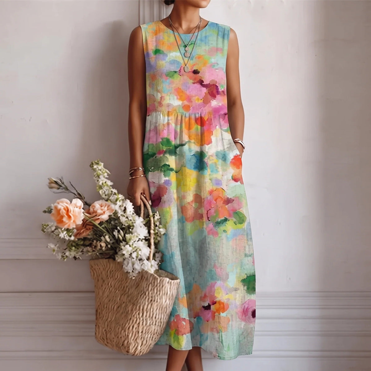 Vestido longo estampado sem mangas com bolsos laterais — Bene Donna — imagem 09