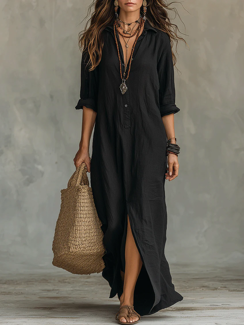 Vestido longo feminino amplo com botões e fenda lateral — Bene Donna — imagem 01