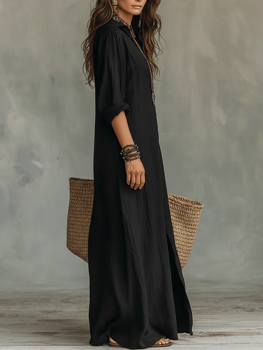 Vestido longo feminino amplo com botões e fenda lateral — Bene Donna — imagem 02