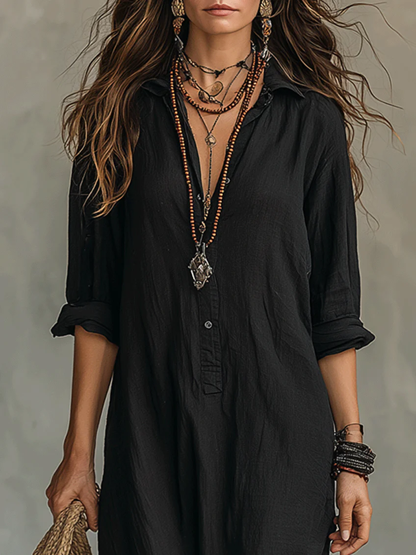 Vestido longo feminino amplo com botões e fenda lateral — Bene Donna — imagem 04