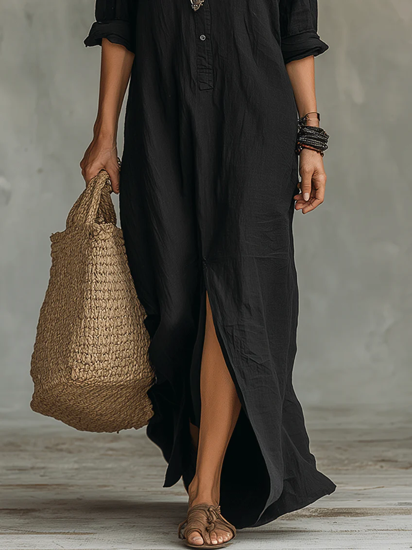 Vestido longo feminino amplo com botões e fenda lateral — Bene Donna — imagem 05