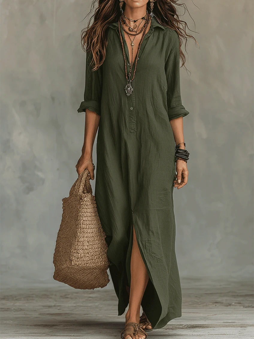 Vestido longo feminino amplo com botões e fenda lateral — Bene Donna — imagem 07