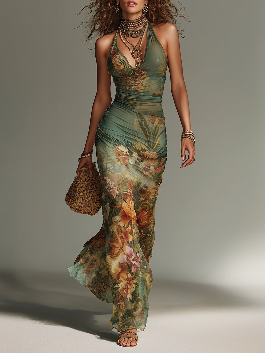 Vestido longo floral ajustado com sobreposição transparente — Bene Donna — imagem 01