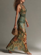 Vestido longo floral ajustado com sobreposição transparente — Bene Donna — imagem 02